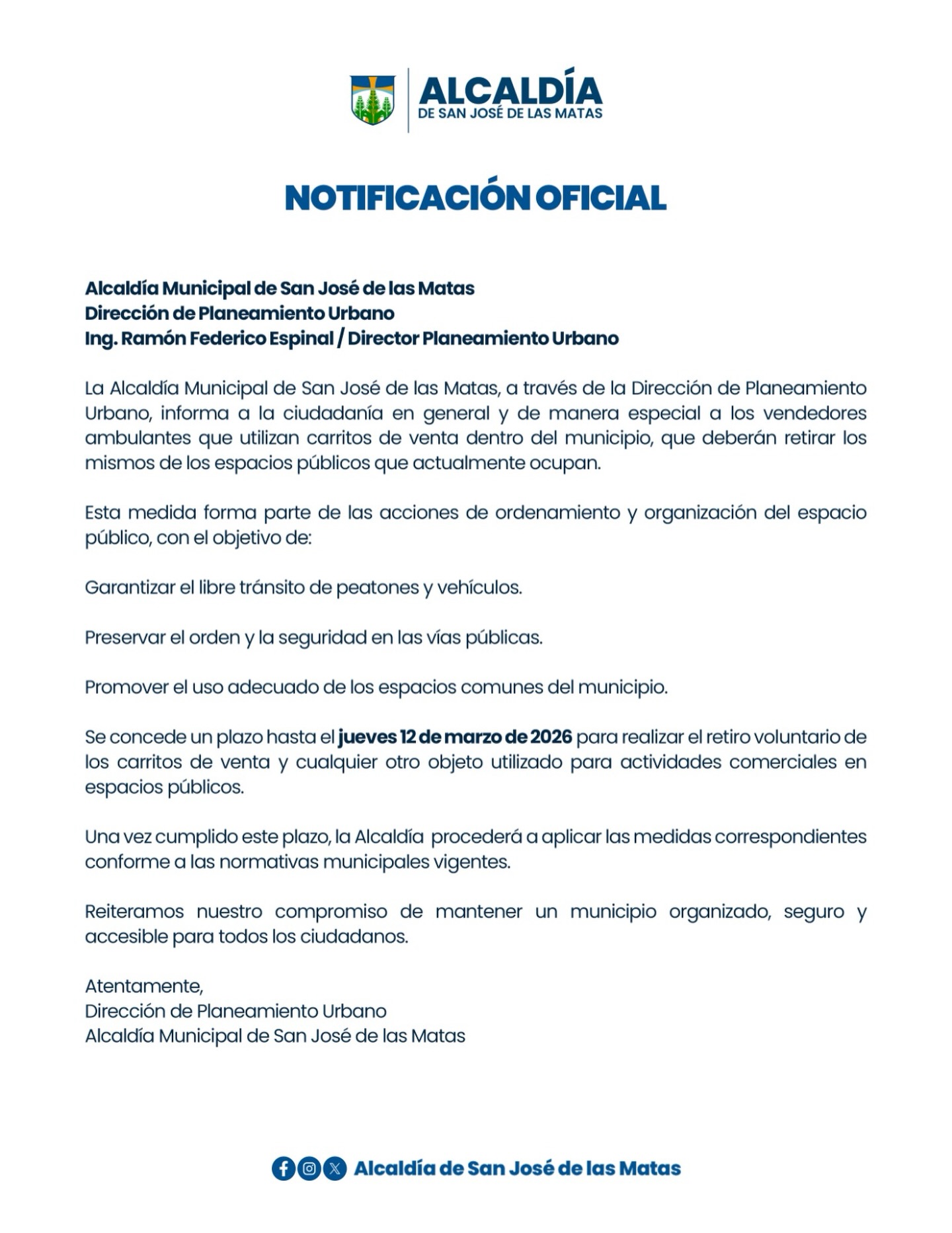 Aviso de la Dirección de Planeamiento Urbano