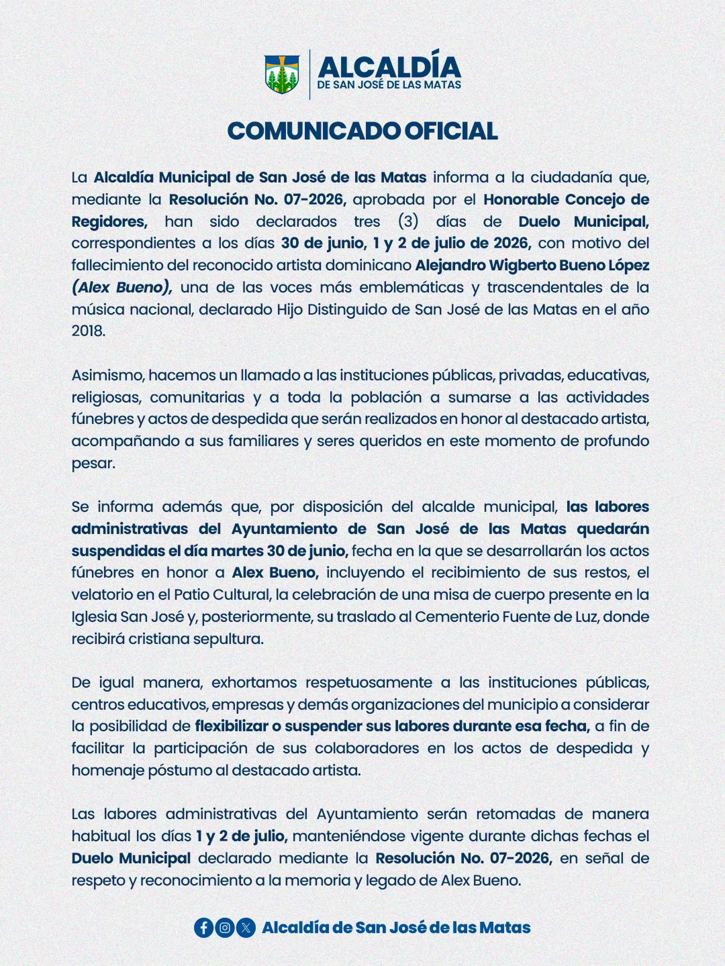 Duelo Municipal por el Fallecimiento de Alex Bueno